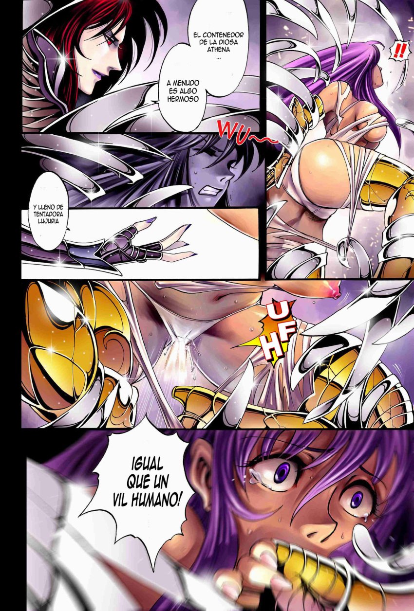 1boy 1girls ass ass_focus athena_(saint_seiya) breasts comic comic_page deity deity_on_deity dialogue female female_focus god goddess gods hades_(saint_seiya) heroine heroine_in_trouble long_hair male male/female panties purple_hair saint_seiya saori_kido shounen_jump shueisha spanish_dialogue toei_animation torn_clothes torn_dress villain villain/heroine villain_on_hero villain_on_heroine weekly_shonen_jump weekly_shounen_jump white_panties