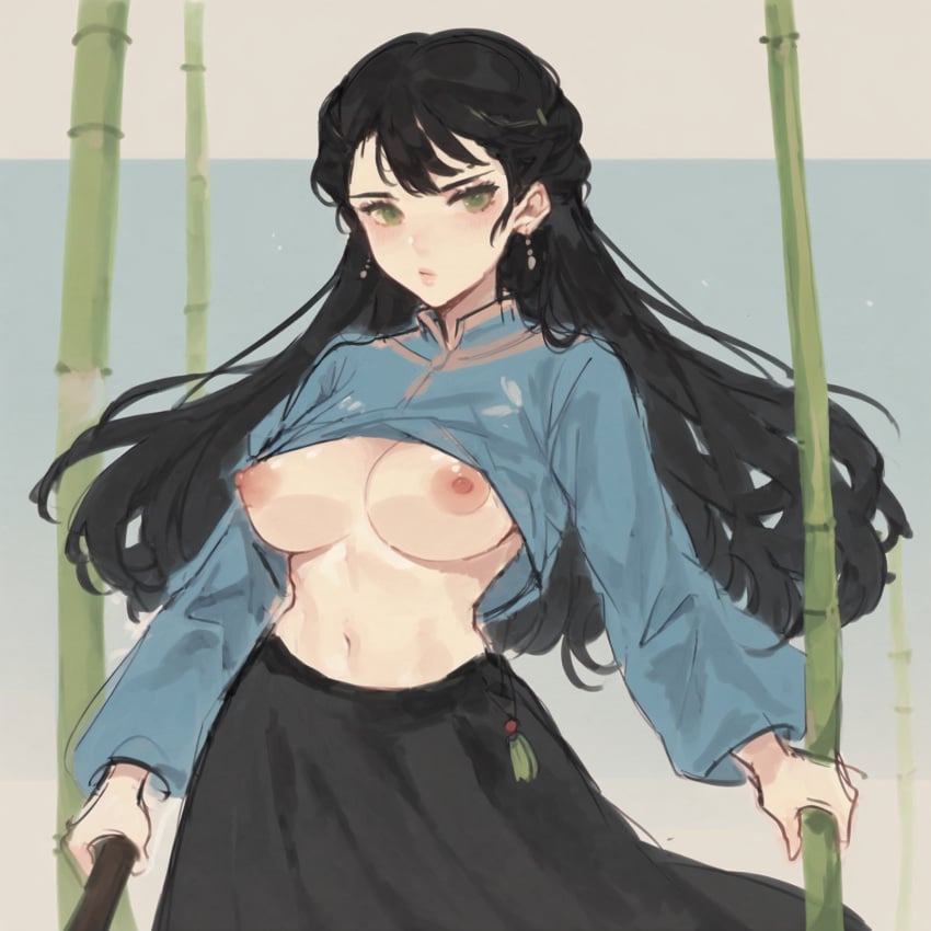 1girls ai_generated areolae bamboo black_hair black_skirt blue_shirt exposed_breasts falsegate flashing green_eyes highres identity_v idv large_breasts long_hair navel nipples qi_shiyi shirt_lift skirt solo stable_diffusion