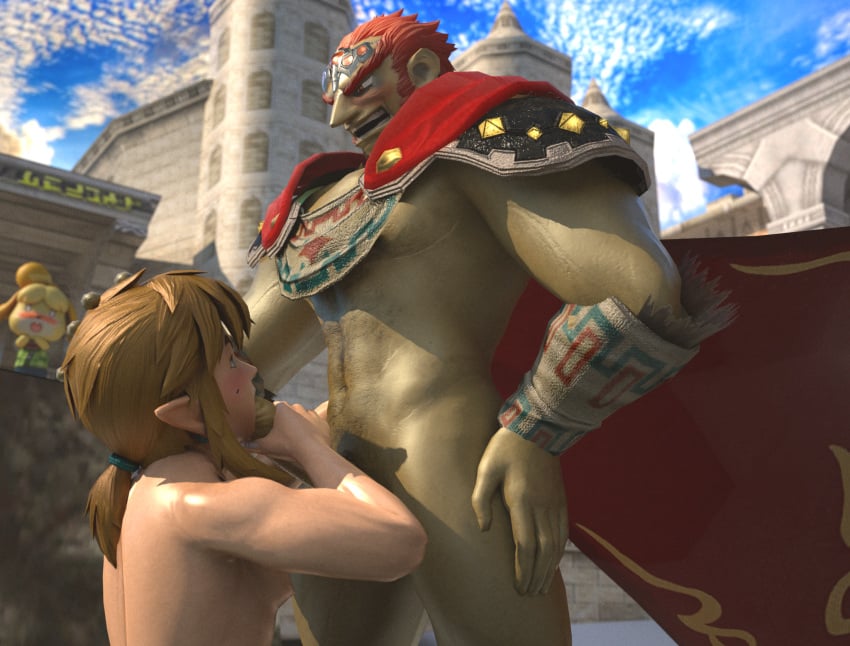 2boys bara big_penis blonde_hair blowjob canine ganondorf ganondorf_(ocarina_of_time) gay hanxulz hsfrx isabelle_(animal_crossing) link link_(breath_of_the_wild) looking_at_another male male_only outdoors public red_hair super_smash_bros. the_legend_of_zelda yaoi