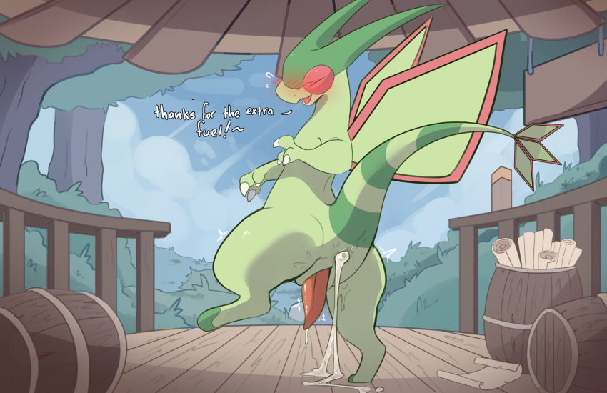 after_sex animal_genitalia anthro barrel biped blush bodily_fluids claws closed_eyes cometdragonite cum cum_in_ass cum_inside dialogue dragon english_text erection flygon generation_3_pokemon genital_fluids genital_slit genitals green_body hi_res horn leaking_cum male mythological_creature mythological_scalie mythology nintendo pokemon pokemon_(species) rear_view scalie solo standing tail text wings