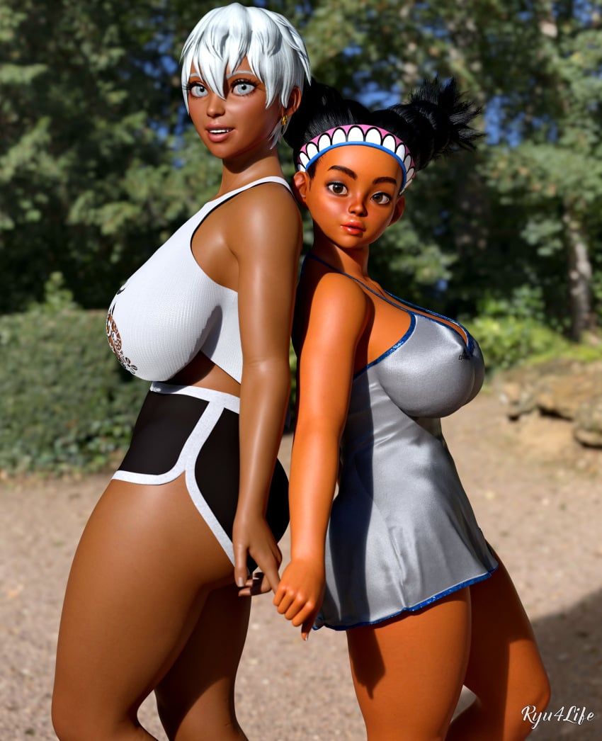 2girls 3d 3d_(artwork) african african_female alternate_breast_size ass-to-ass babydoll back-to-back black_hair casual covered_nipples dark-skinned_female dark_skin dolphin_shorts elena_(street_fighter) from_side huge_breasts lily_hawk looking_at_viewer multiple_girls native_american native_american_female outdoors ryu4life shorts silver_eyes street_fighter street_fighter_6 white_hair