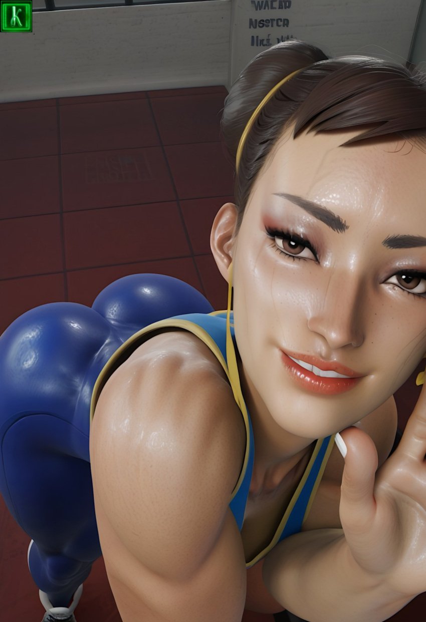 1girls 3d 3d_render ai_generated chun-li dumptruck_ass fully_clothed kisuco looking_at_viewer messy_hair selfie selfie_pose smile smile_at_viewer street_fighter_6 toned_ass toned_body toned_female toned_legs waving_at_viewer