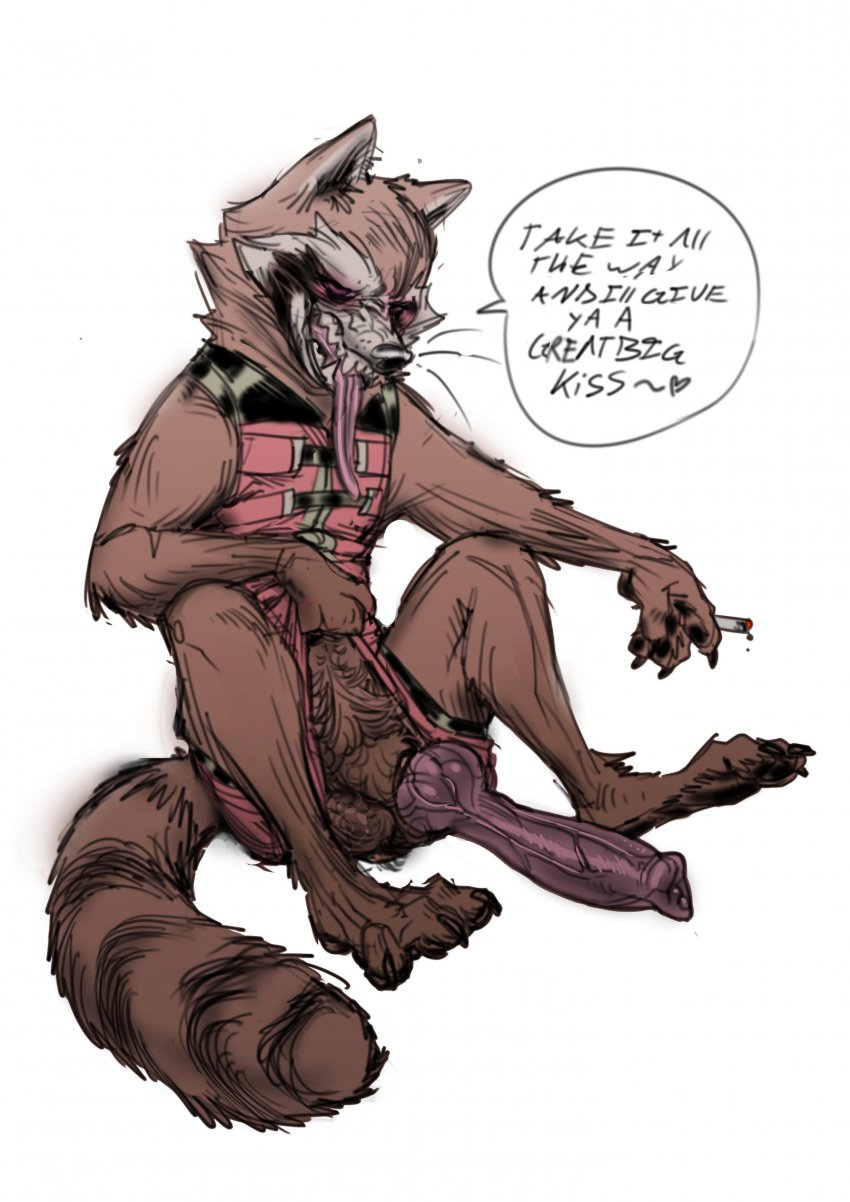 anthro balls big_penis body_hair cigarette concosive dialogue erection genitals guardians_of_the_galaxy hairy_balls hi_res holding_cigarette holding_object knot long_penis long_tongue looking_at_viewer male mammal marvel penis presenting presenting_penis procyonid pubes raccoon rocket_raccoon sitting solo speech_bubble talking_to_viewer tongue