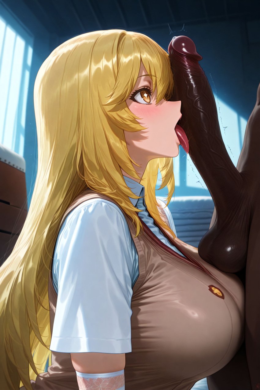 ai_generated balls_on_breasts blonde_hair blowjob cock_worship dark-skinned_male fellatio interracial large_penis licking_penis long_hair penis penis_awe penis_on_face shokuhou_misaki star_eyes tagme to_aru_kagaku_no_railgun to_aru_majutsu_no_index yellow_eyes