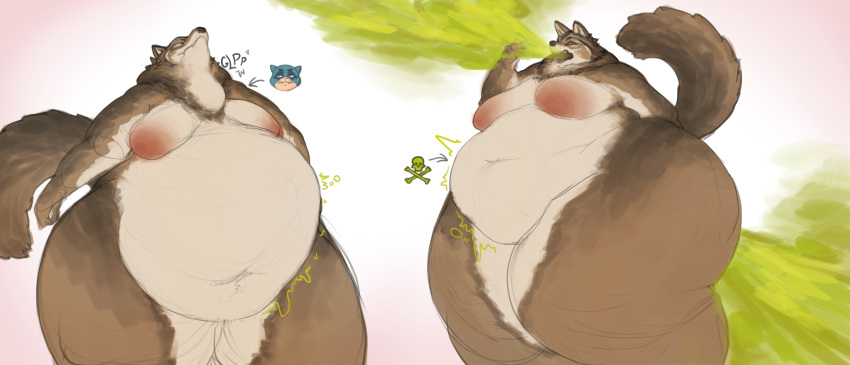 absurd_res anthro ass big_butt burping canid canine canis digestion duo fart fatal_vore female female/female gassy hi_res mammal mustelid otter overweight solo thiccomode vore wide_hips wolf