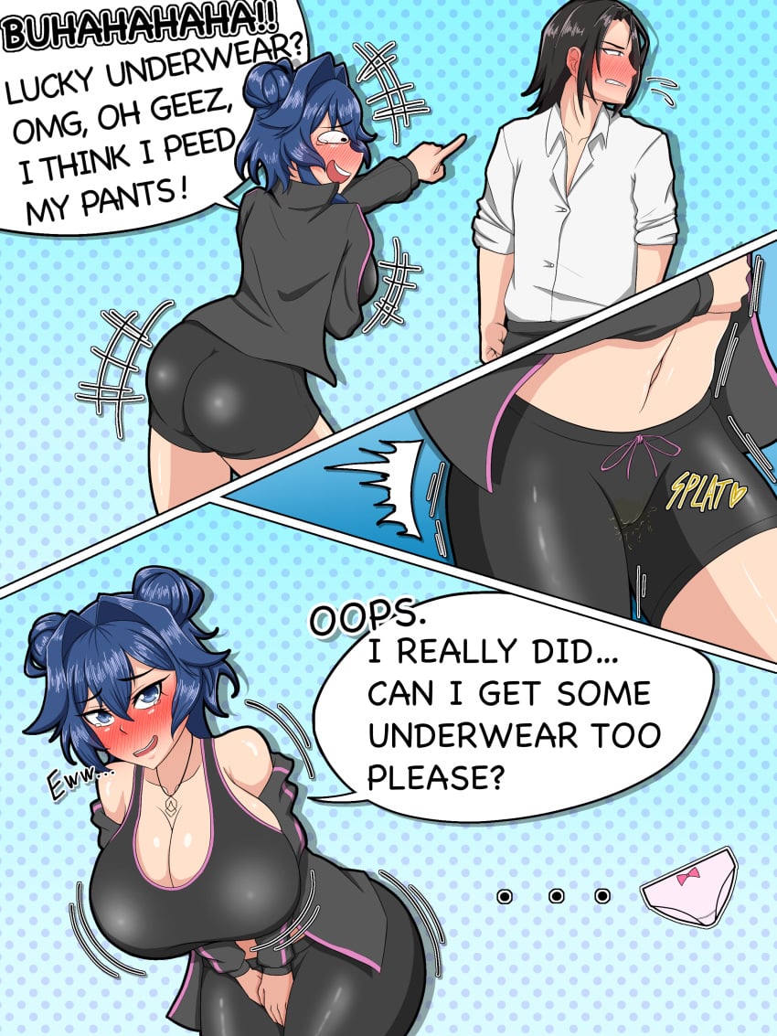 ... 1boy 1girls ass bangs belly belly_button black_hair blue_eyes blue_hair blush blush_lines clothed clothed_female clothed_male comic ellie_(my_story_animated) embarrassed embarrassed_female female female_focus hair_bun jacket large_ass large_breasts laugh male massaq_oekaki my_story_animated navel norman_(my_story_animated) onomatopoeia panties peeing peeing_self short_hair shorts simple_background speech_bubble sports_bra sportswear teasing text text_bubble thick_thighs underwear youtube