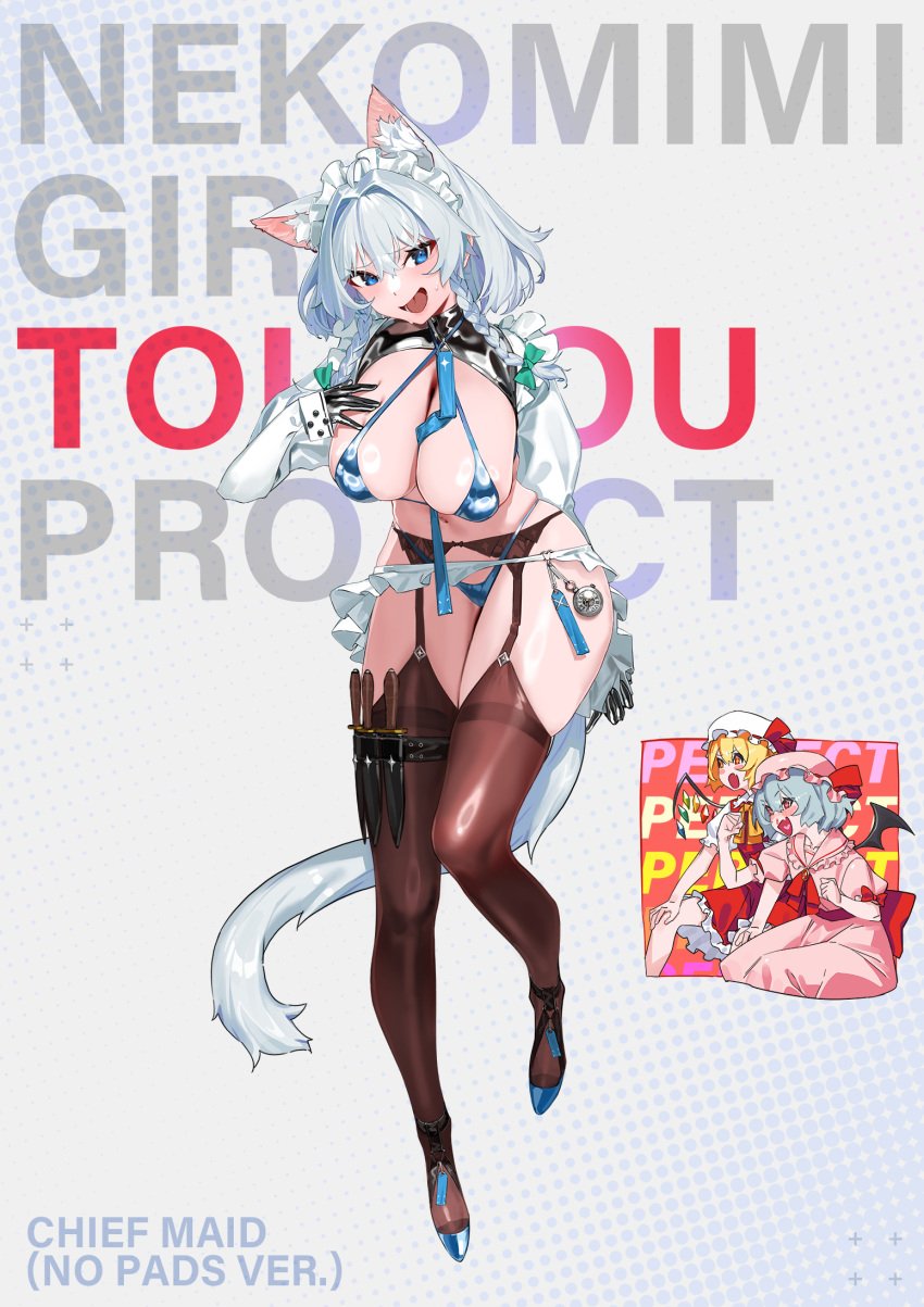 3girls bikini blue_bikini blue_eyes breasts cat_ears cat_tail catgirl cleavage curvy curvy_figure embarrassed english_text flandre_scarlet garter_belt garter_straps high_heels kare_huang kemonomimi_mode large_breasts maid maid_headdress microskirt nekomimi remilia_scarlet sakuya_izayoi silver_hair simple_background stockings thick_thighs thighhighs thighs touhou