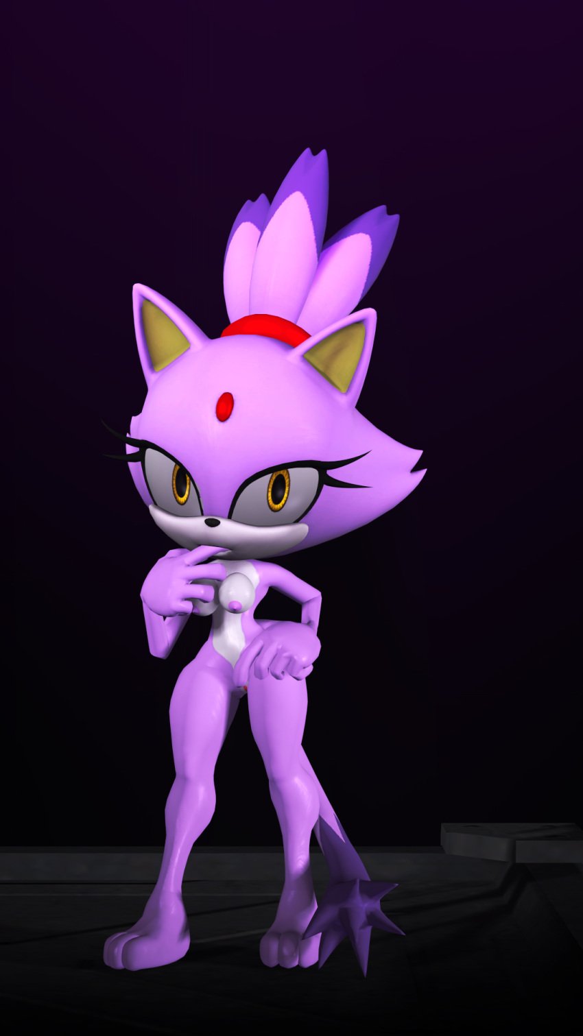 2014 3d amber_eyes anthro areola blaze_the_cat breasts cat erect_nipples feline female female_only fur looking_at_viewer mammal mistersfm nipples nude purple_fur pussy sega solo sonic_(series) source_filmmaker two_tone_hair