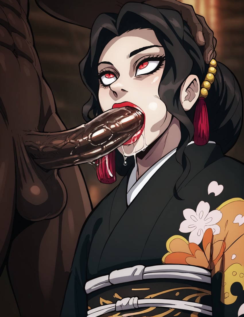 ai_generated black_kimono blowjob dark-skinned_male demon_slayer huge_cock interracial makeup muzan_kibutsuji rorioriai stable_diffusion sucking_penis