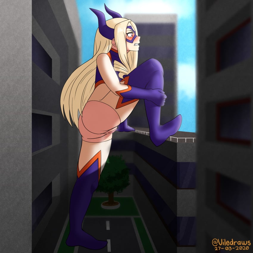 1girls alternate_version_available ass blonde_female blonde_hair blush bodysuit exposed_pussy giantess hiding hole_in_pants indecent_exposure long_hair mount_lady my_hero_academia one_leg_up public public_exposure public_indecency public_nudity pussy textless torn_bodysuit torn_clothes viledraws watermark yuu_takeyama