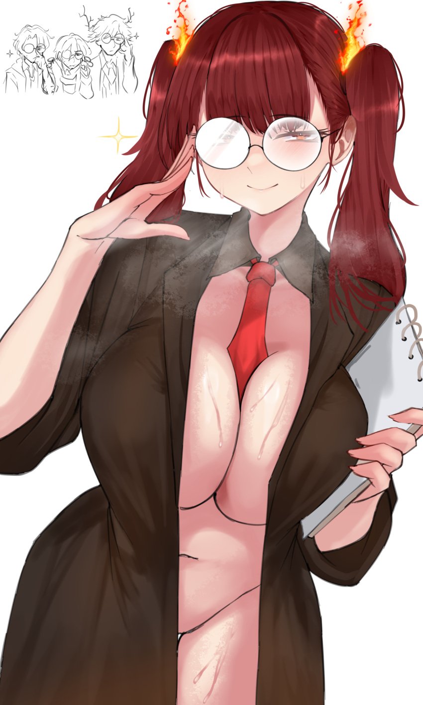 0ha 1girls alyssa_(limbus_company) ass big_breasts blush clipboard coat fire glasses limbus_company looking_at_viewer orange_eyes partially_clothed presenting project_moon red_eyes smile standing sweat thick_thighs twintails