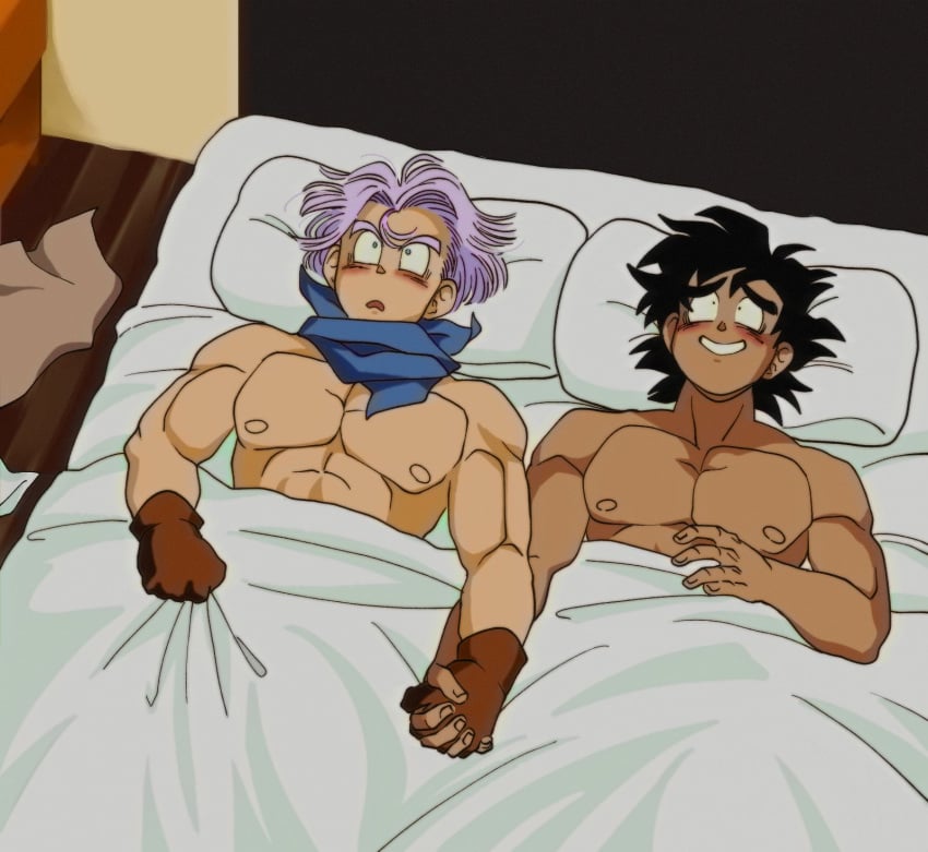 2boys after_sex blush blushing_male cal_monssi calemonssi dragon_ball dragon_ball_gt dragon_ball_z holding_hands intertwined_fingers no_visible_genitalia romantic romantic_couple son_goten topless_male trunks_briefs yaoi