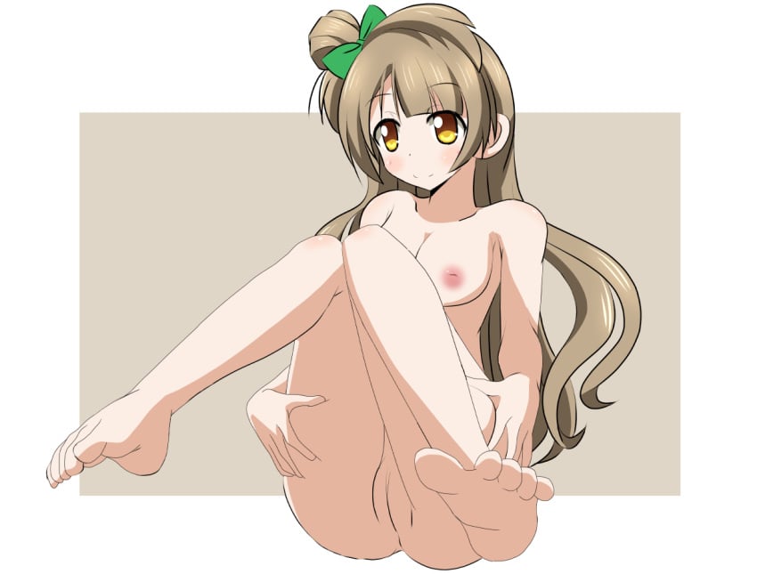 areolae bad_id blonde_hair breasts brown_eyes feet female hair_ornament hair_ribbon inverted_nipples legs love_live! love_live!_school_idol_project medium_breasts minami_kotori naruse_mai nipples nude pussy ribbon side_ponytail simple_background sitting soles solo toes uncensored yellow_eyes