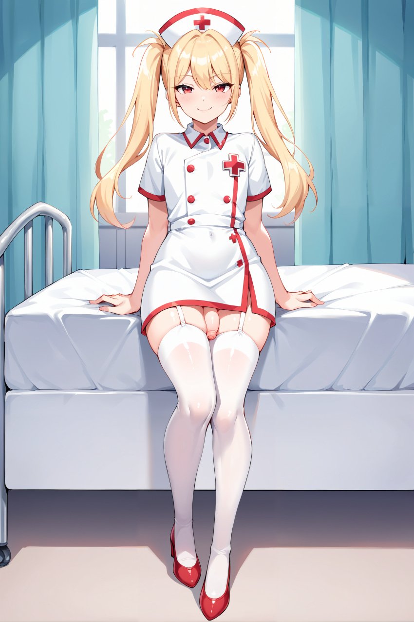 1boy ai_generated blonde_hair femboy flaccid garter_straps nurse nurse_cap nurse_uniform penis red_eyes sitting_on_bed stockings twintails