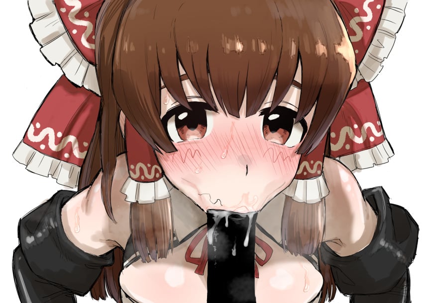 1boy black_gloves blank_censor blush bow breasts brown_eyes brown_hair censored commentary_request cookie_(touhou) cum cum_in_mouth elbow_gloves fellatio female frilled_bow frilled_hair_tubes frills gloves haburashi hair_tubes hairbow hakurei_reimu highres kanna_(cookie) large_breasts looking_at_viewer oral penis red_bow reimu_hakurei simple_background solo_focus straight touhou transparent_background upper_body