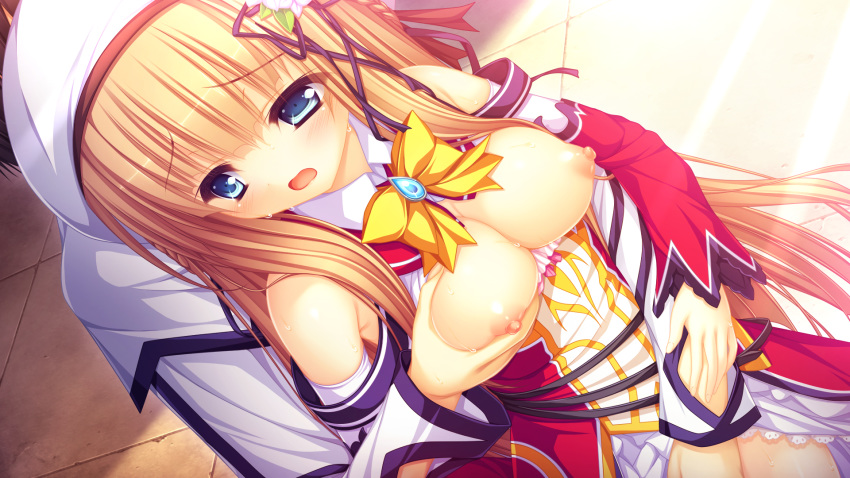 blonde_hair blue_eyes breast_grab breasts fingering game_cg kawasumi_yurika long_hair magicalic_sky_high mikagami_mamizu nipples open_clothes open_shirt seifuku shirt whirlpool