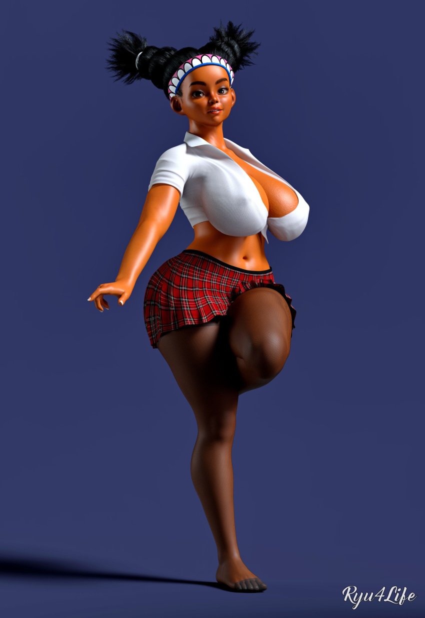 1girls 3d 3d_(artwork) alternate_breast_size belly black_hair brown_eyes cleavage covered_nipples curvy dark-skinned_female dark_skin female front-tie_top full_body huge_breasts lily_hawk midriff native_american native_american_female navel no_bra pantyhose plaid_skirt red_skirt ryu4life sagging_breasts schoolgirl skirt solo standing_on_one_leg street_fighter street_fighter_6 thick_thighs