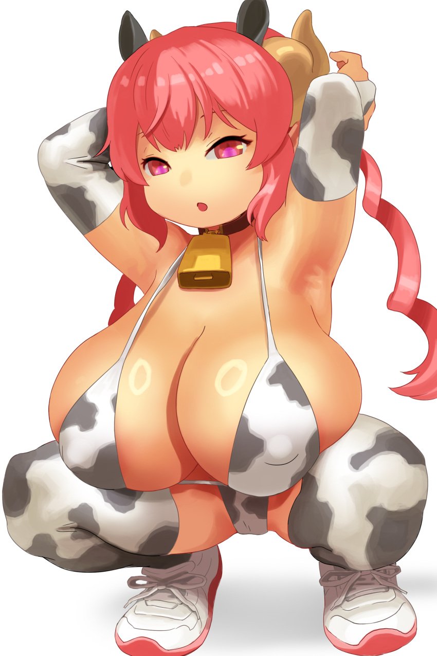 bangs big_breasts cameltoe cow_bell_collar cow_ears_headband cow_print cow_print_armwear cow_print_bikini cow_print_legwear dragon_horns glistening glistening_body glistening_eyes hands_behind_head huge_breasts ilulu_(dragon_maid) large_breasts micro_bikini miss_kobayashi's_dragon_maid mmmikedaya narisokonai_(mmmikedaya) open_mouth pink_eyes pink_hair plump shaved_armpit simple_background sneakers squatting string_bikini swirly_hair tagme thick_thighs thighs twintails white_background