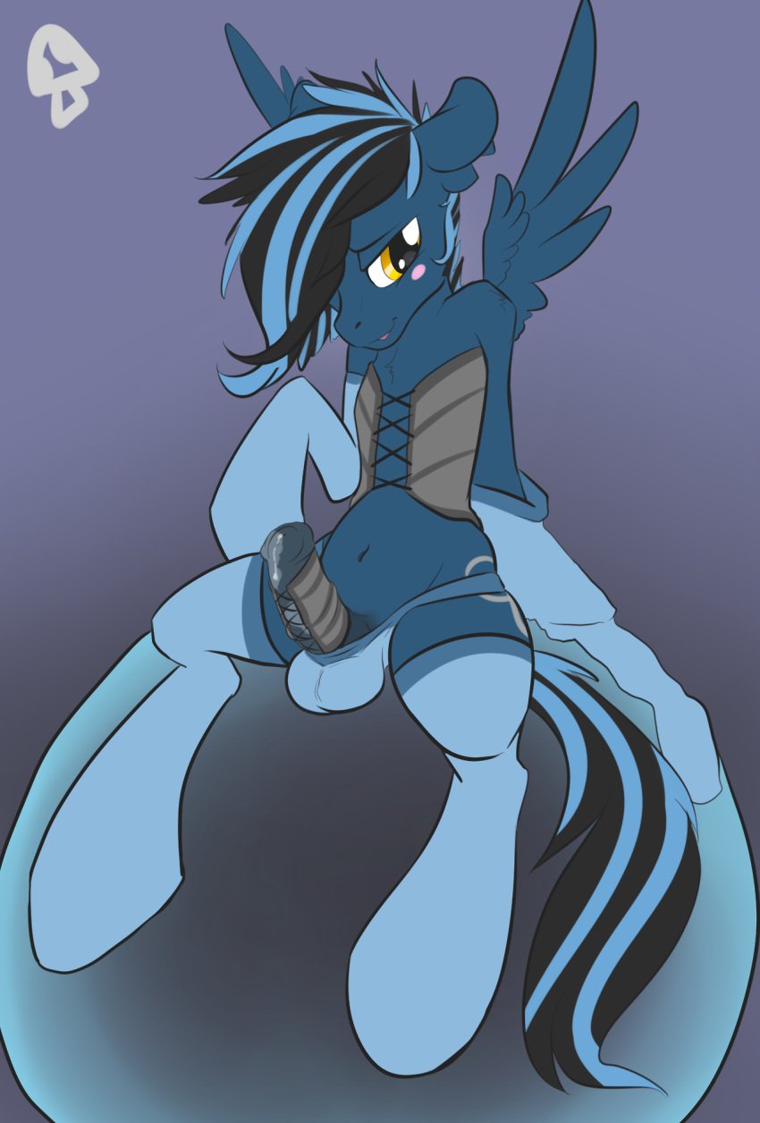 balls blue_fur blush corset elbow_gloves equine erection friendship_is_magic fur gloves hair horsecock male male_only multicolored_hair my_little_pony original_character pegasus penis precum rawrcharlierawr stockings wings yellow_eyes