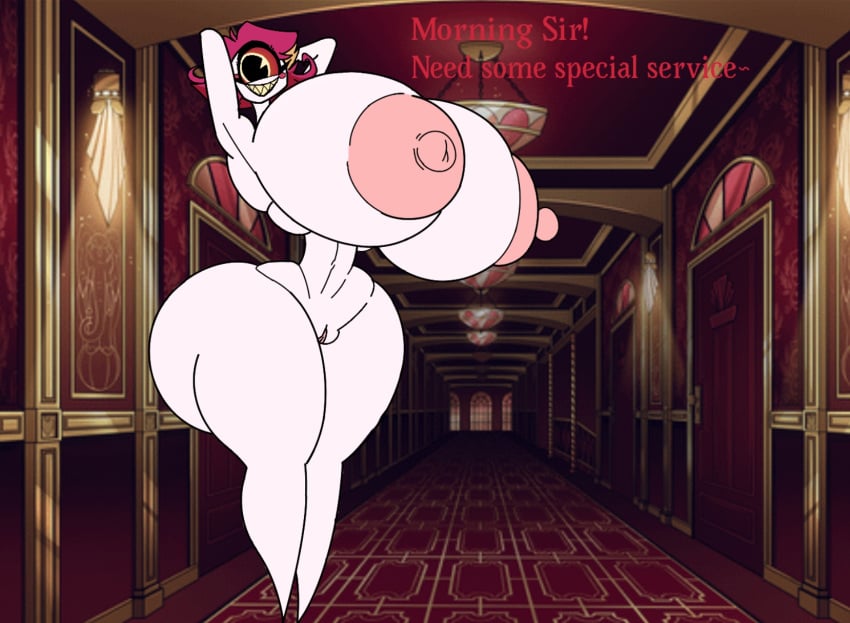 chocovenus_(body_type) completely_nude cyclops dialogue edit english_text hazbin_hotel huge_ass huge_breasts huge_nipples looking_at_viewer niffty nut-master nut-master_(artist) pale_skin red_hair talking_to_viewer thick_thighs thin_waist