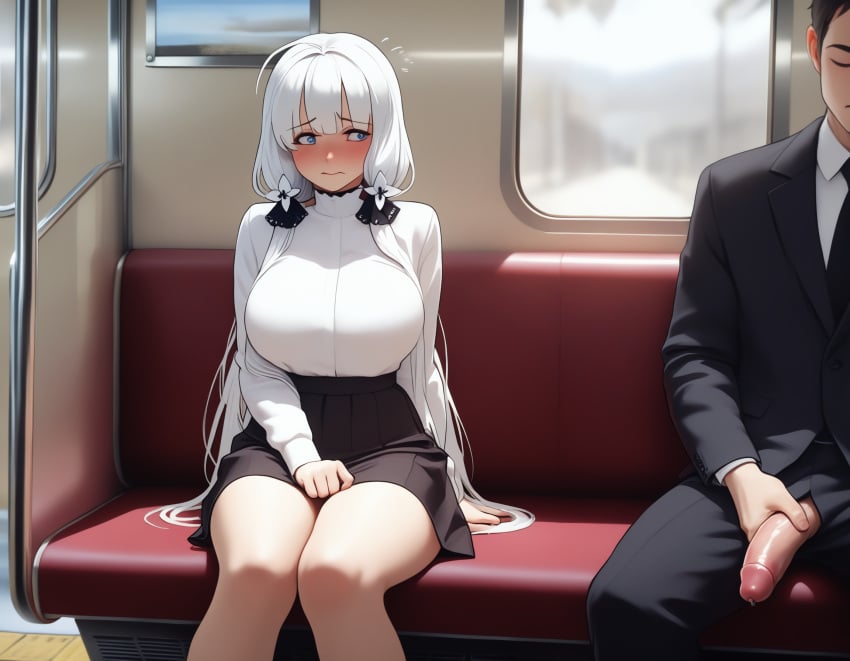 ai_generated big_breasts big_penis embarrassed embarrassed_female exhibitionism exhibitionist exposed_penis flashing_penis looking_at_another sexual_harassment train_interior