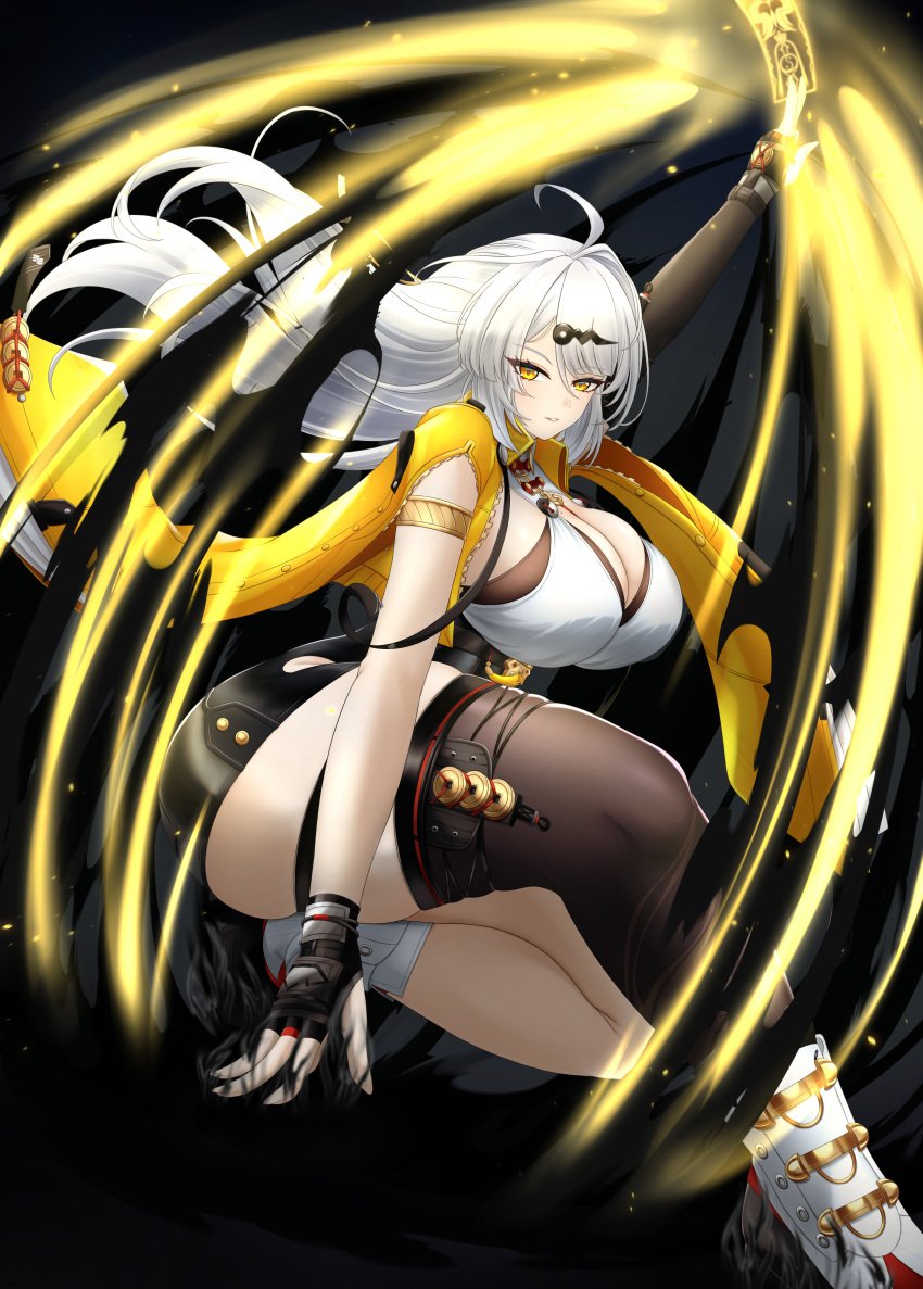 1girls ass big_ass big_breasts breasts bubble_butt busty cleavage clothing crouching female female_only huge_ass huge_breasts ink large_breasts light looking_at_viewer mhaknow solo squatting talisman thick_thighs thunder_thighs white_hair wide_hips yellow_eyes yixuan_(zenless_zone_zero) zenless_zone_zero