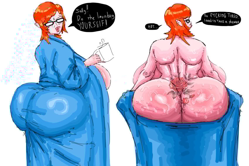 1girls adama39062 agatha_(adama39062) ass ass_bigger_than_head behind_view big_ass big_breasts big_butt breasts breasts_bigger_than_head bubble_butt cellulite clothing curvaceous curvy curvy_figure dialogue english_text female female_only ginger glasses huge_ass huge_breasts lipstick looking_back mature_female milf mostly_nude puffy_lips red_lipstick robe robe_only rose_tattoo solo solo_female sweat sweaty sweaty_body sweaty_butt tattoo text thick_thighs undressing voluptuous voluptuous_female white_background wide_hips