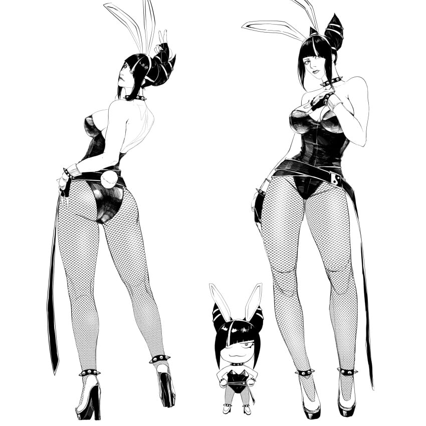 1girls anemounicorn1 bare_shoulders black_and_white bunny_ears bunny_girl bunnysuit busty capcom chibi cleavage dat_ass fishnets hair_over_one_eye high_heels juri_han legs spiked_bracelet spiked_collar spikes street_fighter
