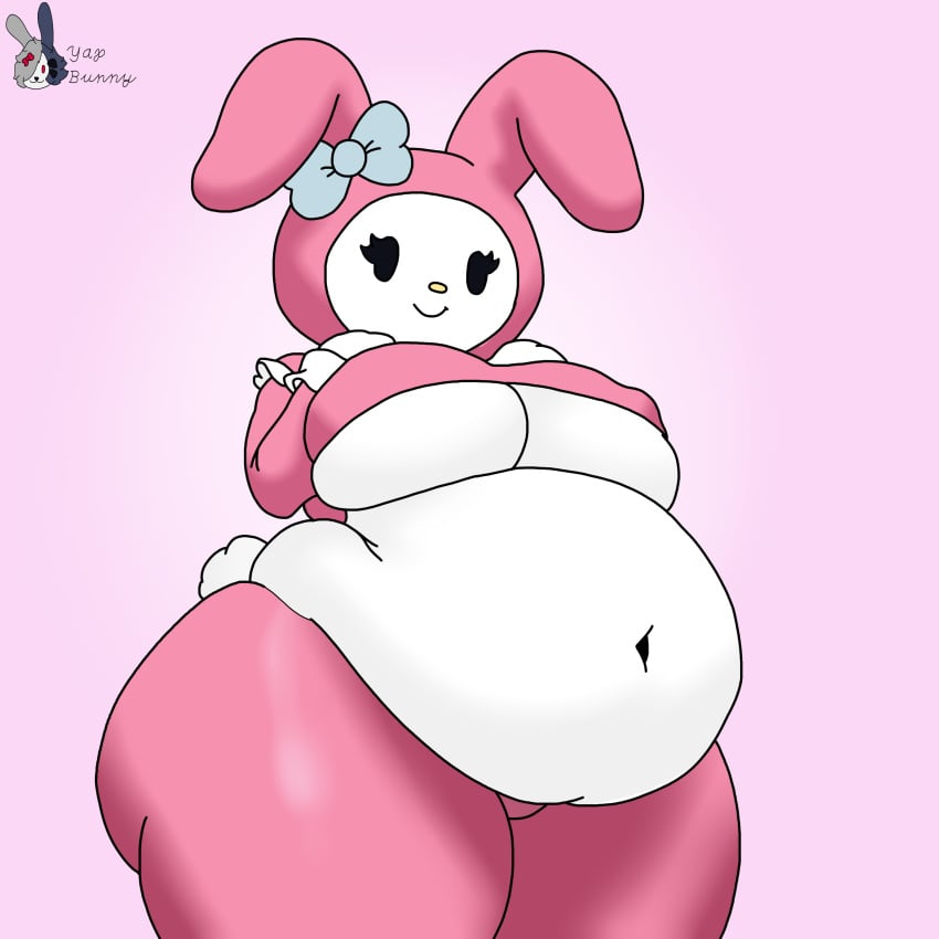 1girls anthro artist_signature bbw belly belly_overhang big_breasts bow breasts chubby chubby_female clothed clothing dot_eyes dot_nose exposed_midriff eyelashes fat female female_only floppy_ears furry hands_on_breasts headwear hello_kitty_(series) hips lagomorph love_handles muffin_top my_melody navel nipple_bulge overweight overweight_female rabbit sanrio solo supbunny_ly tail thick_thighs three-quarter_portrait underboob white_body white_fur yapbunny