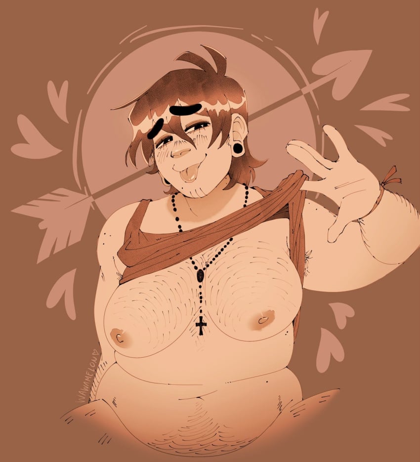 1boy :p abstract_background armpit_hair arrow body_hair breasts chest_hair fern_(wawaamelon) freckles gauged_ear hearts_around_head hearts_in_eyes looking_at_viewer male mexican monochrome nipples nonbinary original original_character pinup presenting_breasts pubic_hair rosary shirt shirt_lift sleeveless_shirt solo tongue_out transgender transgender_male transmasc wawaamelon