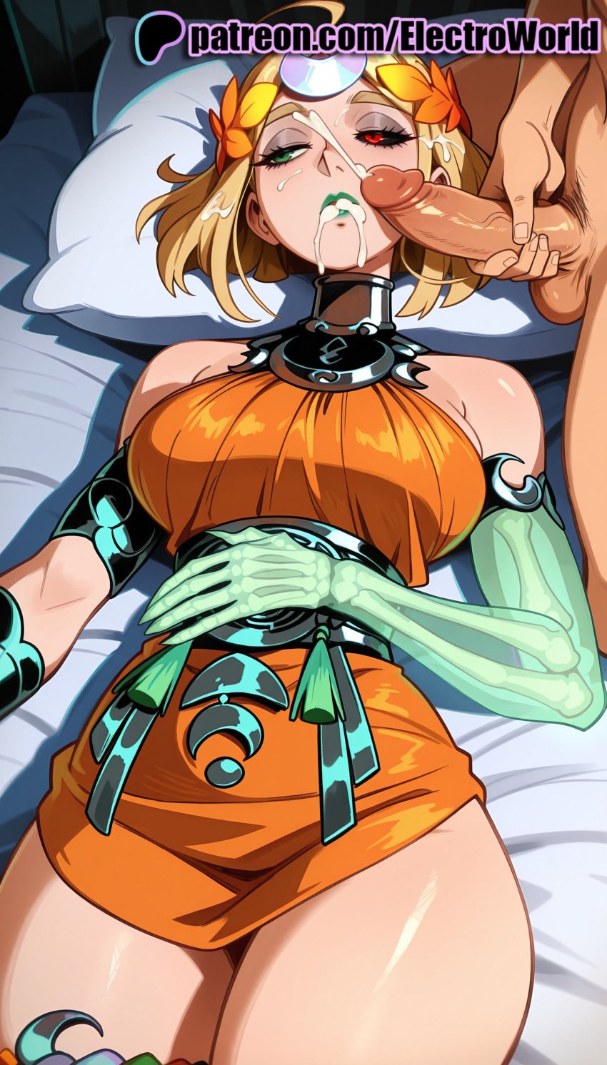 1boy 1girls 2025 ai_generated artist_name bed cock cum cum_in_mouth cum_on_body cum_on_breasts cum_on_hair cum_on_tongue dick ejaculation electroworld facial female green_eyes hades_(game) hades_2 hair_flower hair_ornament hi_res high_quality high_resolution highres leaf melinoe_(hades) orange_dress orange_hair patreon patreon_username penis pillow red_eyes short_hair solo_focus stable_diffusion straight testicles uncensored watermark