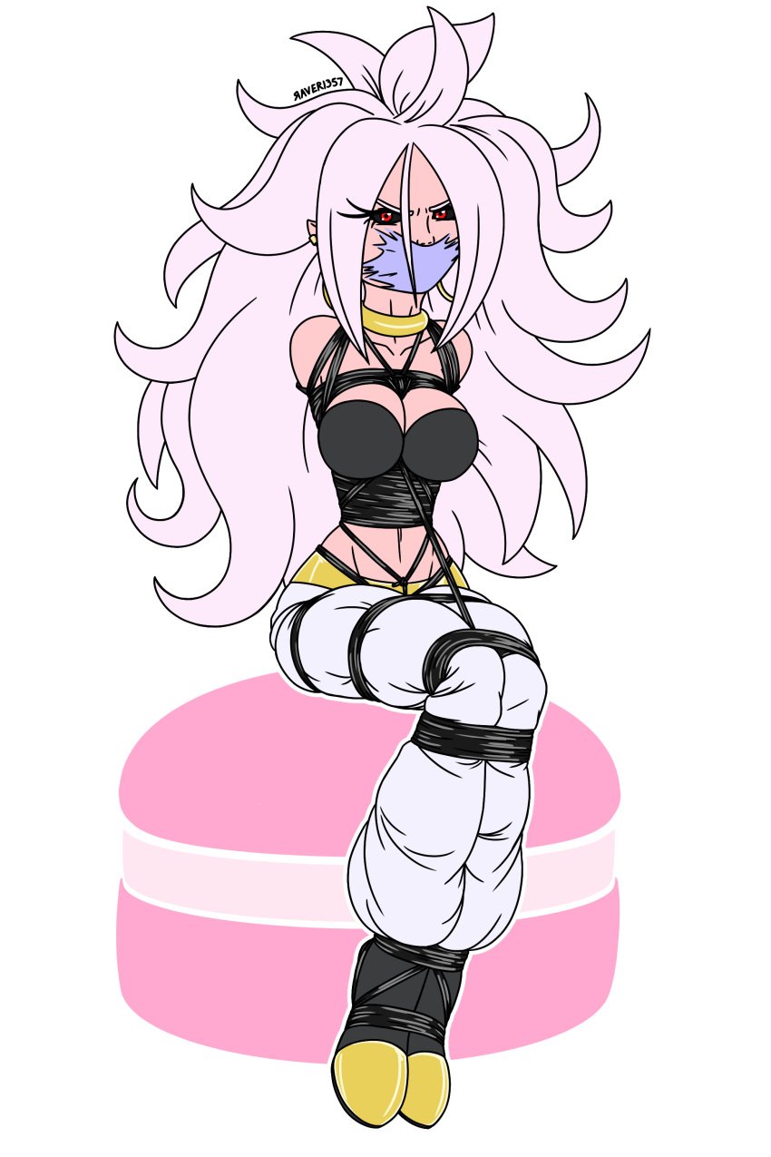 android_21 arms_behind_back arms_bound_behind_back breasts crotch_rope feet_bound feet_tied gag gold_choker gold_collar gold_jewelry legs_tied legs_tied_together legs_together midriff midriff_baring_shirt pink_hair pink_skin raver1357 red_eyes rope rope_between_breasts rope_bondage rope_harness sitting white_pants