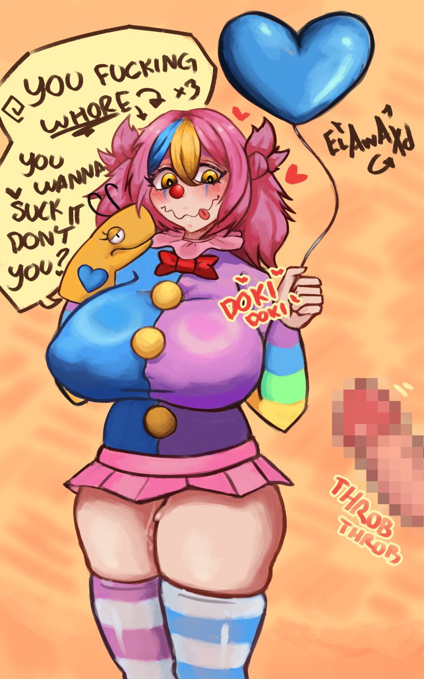 blushed_face clown_girl clussy heterochromia pink_hair pixelated_penis puppet