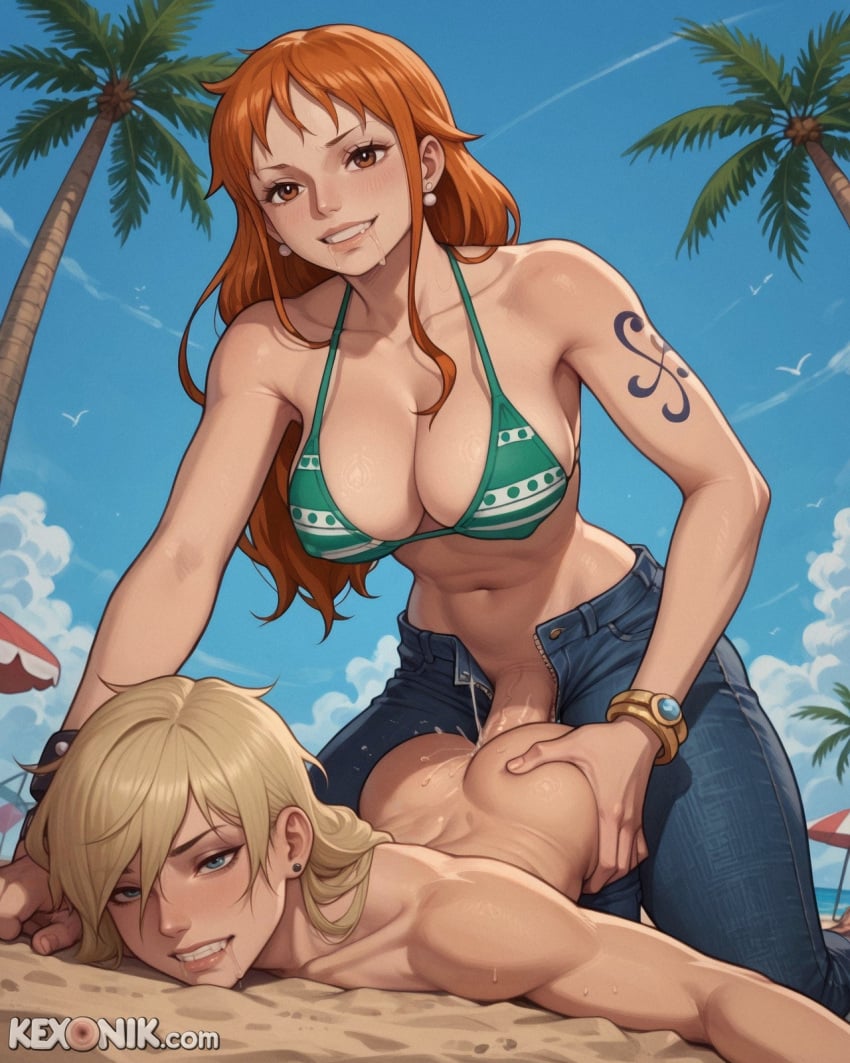 1boy 1futa 1futanari ai_generated anal anal_sex big_nipples bikini bikini_top_only dickgirl drool drool_string drooling femboy femdom futa_on_male futadom futanari happy heavy_breathing hourglass_figure huge_ass huge_cock in_public kexonik large_breasts large_testicles long_hair low-angle_view male nami nami_(one_piece) narrow_waist narrowed_eyes on_stomach one_piece oppai orange_hair orgasm pegging pinned precum public public_sex puffy_nipples red_hair sagging_breasts saliva saliva_drip saliva_string saliva_trail sex_from_behind sissy size_difference smaller_male submissive_male swimsuit tattoo top-down_bottom-up twink unzipped yellow_breasts