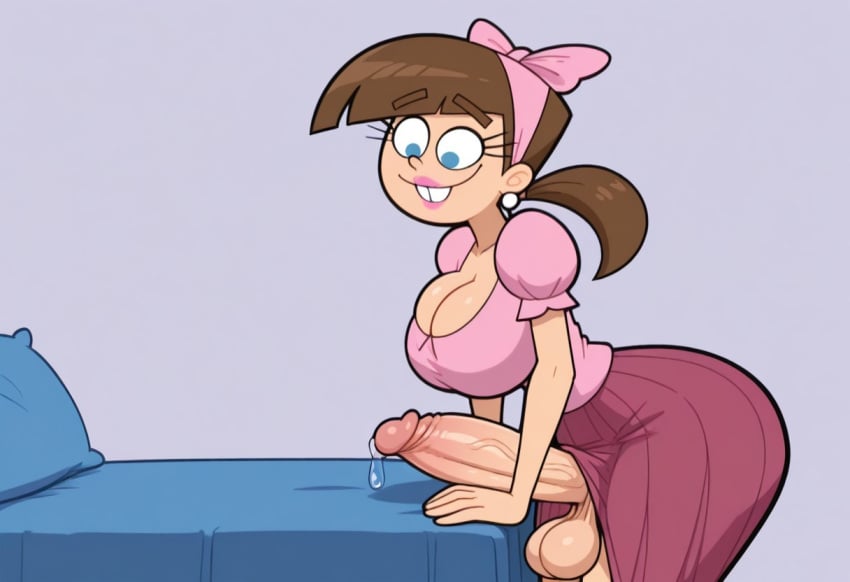 accurate_art_style aged_up ai_generated balls big_breasts blue_eyes bow brown_hair canon_genderswap cleavage curvy_figure futanari headband looking_at_own_penis looking_down nickelodeon older penis ponytail rule_63 testicles the_fairly_oddparents timantha timmy_turner wide_hips