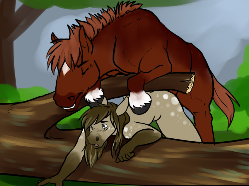 anthro equine eris_(marefurryfan) female feral feral_on_anthro horse log male marefurryfan rainstorm sarcy surprised wood