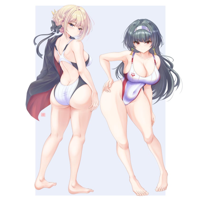 2girls absurdres arena_(company) ass astra_yao barefoot black_cape black_hair blonde_hair braid breasts cape cleavage commentary_request competition_swimsuit cowboy_shot earrings evelyn_chevalier female full_body hair_ribbon hairband highleg highleg_one-piece_swimsuit highres jewelry large_breasts logo long_hair looking_at_viewer looking_back multiple_girls one-piece_swimsuit purple_eyes red_eyes ribbon short_hair swimsuit tong_shui two-tone_swimsuit uneven_bangs white_hairband white_one-piece_swimsuit zenless_zone_zero