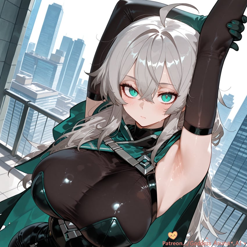 ahoge ai_generated aqua_eyes armpits arms_up bangs blush bodysuit breasts building cape cityscape closed_mouth elbow_gloves eternal_return:_black_survival female gloves goddessasunaai green_eyes green_gloves grey_hair hair_between_eyes katja_(black_survival) large_breasts long_hair looking_at_viewer solo sweat upper_body