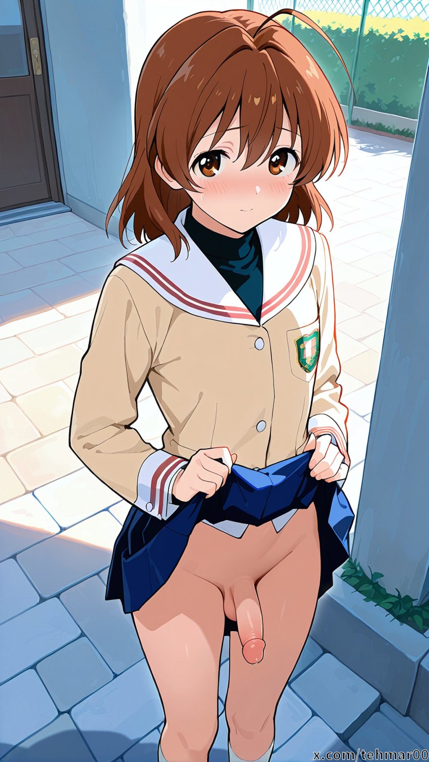 1boy ai_generated balls blush brown_eyes brown_hair clannad crossdressing femboy furukawa_nagisa genderswap genderswap_(ftm) hikarizaka_private_high_school_uniform jacket lifted_by_self lifting_skirt looking_at_viewer male penis rule_63 school school_uniform solo tagme tehmar testicles trap