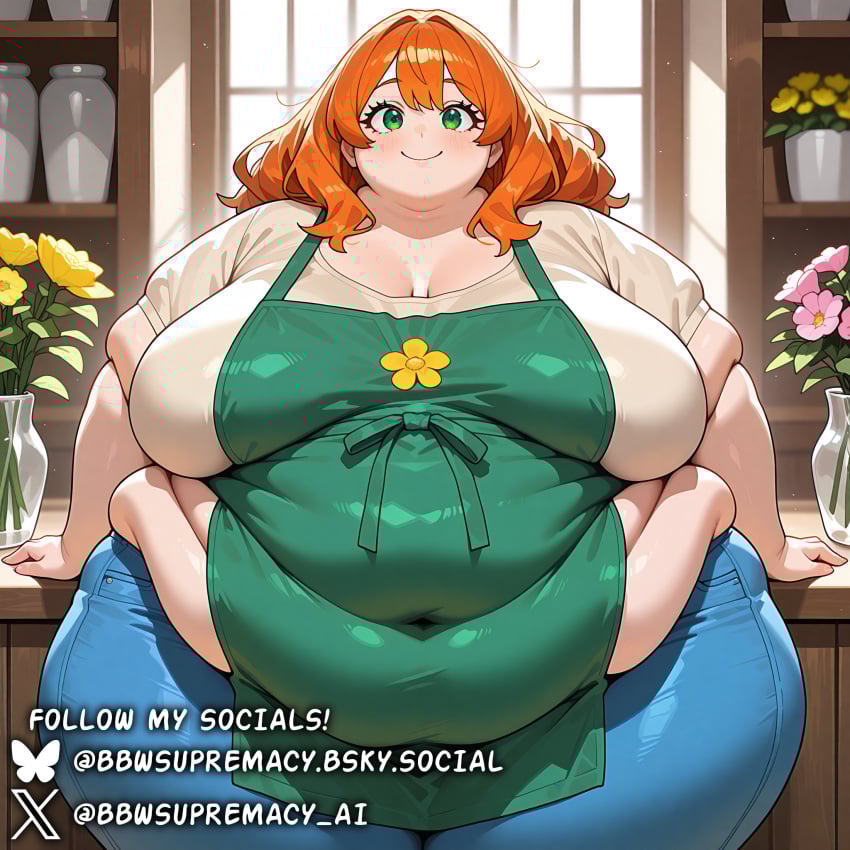 absurd_res ai_generated apron bbw bbwsupremacy beige_shirt belly_overhang big_ass big_belly big_breasts breasts busty chubby chubby_female curvy eyelashes fat fat_arms female female_focus female_only flower flower_shop green_apron green_eyes huge_belly huge_breasts jeans large_breasts long_hair looking_at_viewer morbidly_obese obese obese_female orange_hair overweight sagging_breasts smile solo ssbbw thick thick_thighs voluptuous voluptuous_female watermark wide_hips
