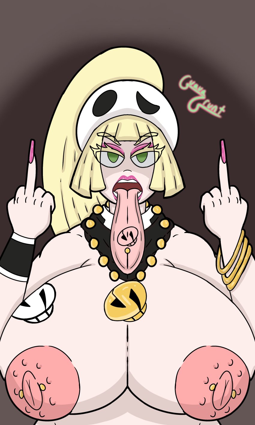 1girls 2d alternate_costume areolae bandana bangle big_breasts bitch blonde_hair bracelet exposed_breasts eyeshadow female female_focus female_only flipping_off green_eyes guavagrunt hat huge_breasts jewelry lillie_(pokemon) lipstick long_fingernails long_nails long_tongue makeup mean middle_finger necklace nipple_piercing nude nude_female personality_change piercing pink_eyeshadow pink_fingernails pink_lipstick pink_makeup pink_nails pink_nipples pokemon ponytail pov pov_eye_contact simple_background tattoo tattoo_on_breast tattoo_on_tongue team_skull team_skull_grunt team_skull_grunt_(female) tongue_out tongue_piercing topless topless_female wristband