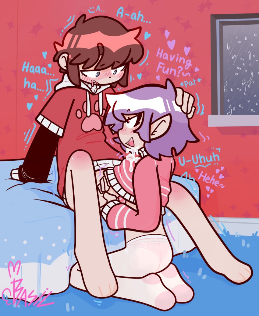 1boy1girl 1girls bed boobjob clothing cum cute dialogue drawz_artz heart wholesome