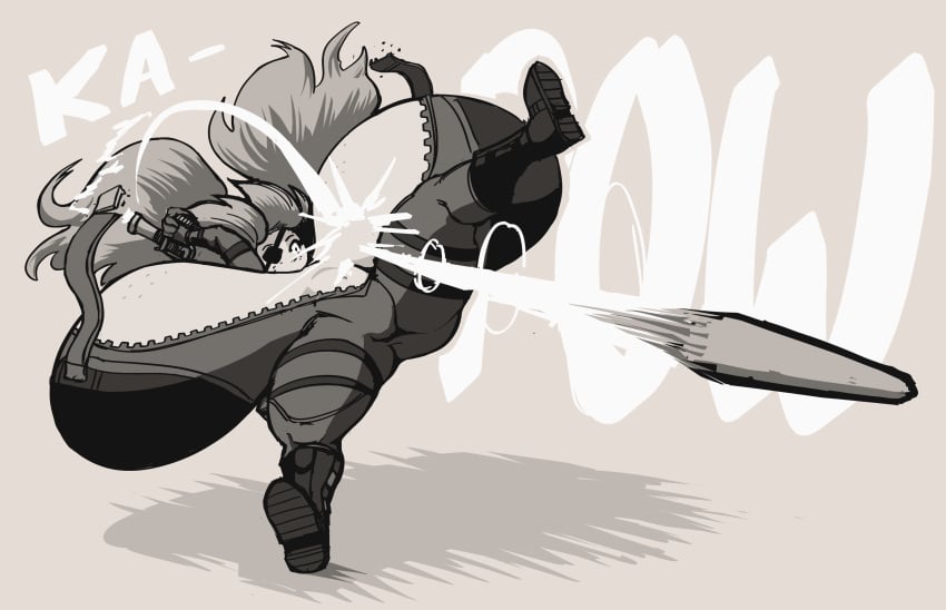 1girls 2025 2d_(artwork) bodysuit boots bullet digital_drawing_(artwork) eyepatch female_only freckles freckles_on_breasts freckles_on_face gun huge_breasts lucy_fuchs scout_(smokestackstory) solo_female sound_effects tied_hair tripping twintails wardrobe_malfunction weapon
