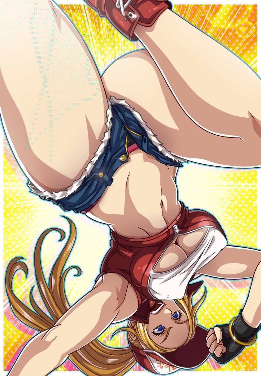 attack black_panties blonde_hair blue_eyes breasts cleavage denim denim_shorts fatal_fury female female fingerless_gloves genderswap_(mtf) gloves hat highres jacket legs open_fly panties rule_63 rule_63 sano-br sano_br shirt shoes shorts sneakers snk snk_heroines:_tag_team_frenzy solo terry_bogard the_king_of_fighters underboob underwear white_shirt white_shirtking_of_fighters