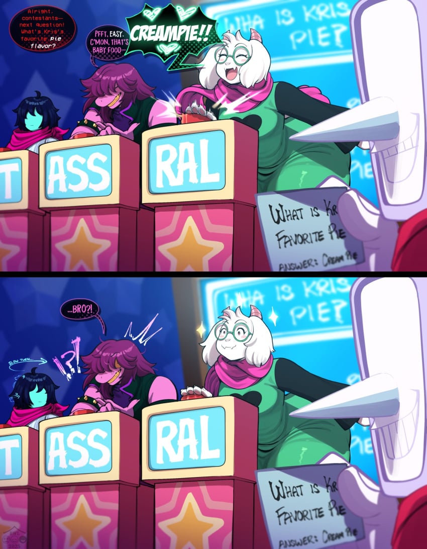 1femboy 2025 2boys 2d 2d_(artwork) alternate_ass_size alternate_body_type anthro ass big_ass big_butt blackwhiplash butt bwl deltarune deltarune_chapter_3 dialogue english english_dialogue english_text femboy fur furry glasses kris_(deltarune) male nonbinary nonbinary_(lore) ralsei ralsei_with_white_fur scarf susie_(deltarune) text undertale undertale_(series) white_body white_fur