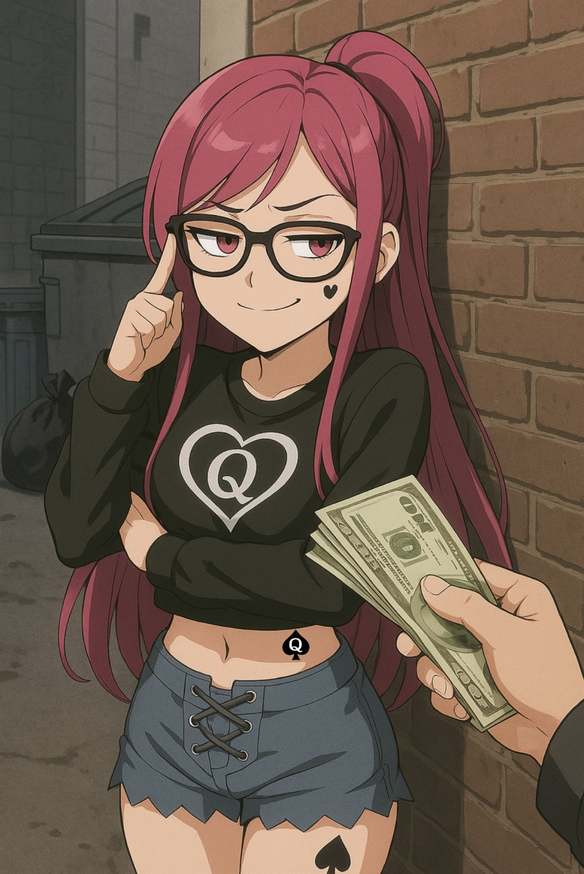 ai_generated alley bitch black_outfit blacked branded branding_mark denied denied_sex desperation exposed_torso face_tattoo garbage glasses humiliation long_hair midriff oc offering_money original_character owned_bitch pink_eyes pink_hair pinku_(oc) ponytail pose property prostitution qos queen_of_spades shorts smug smug_face spade_tattoo stomach_tattoo whore whored