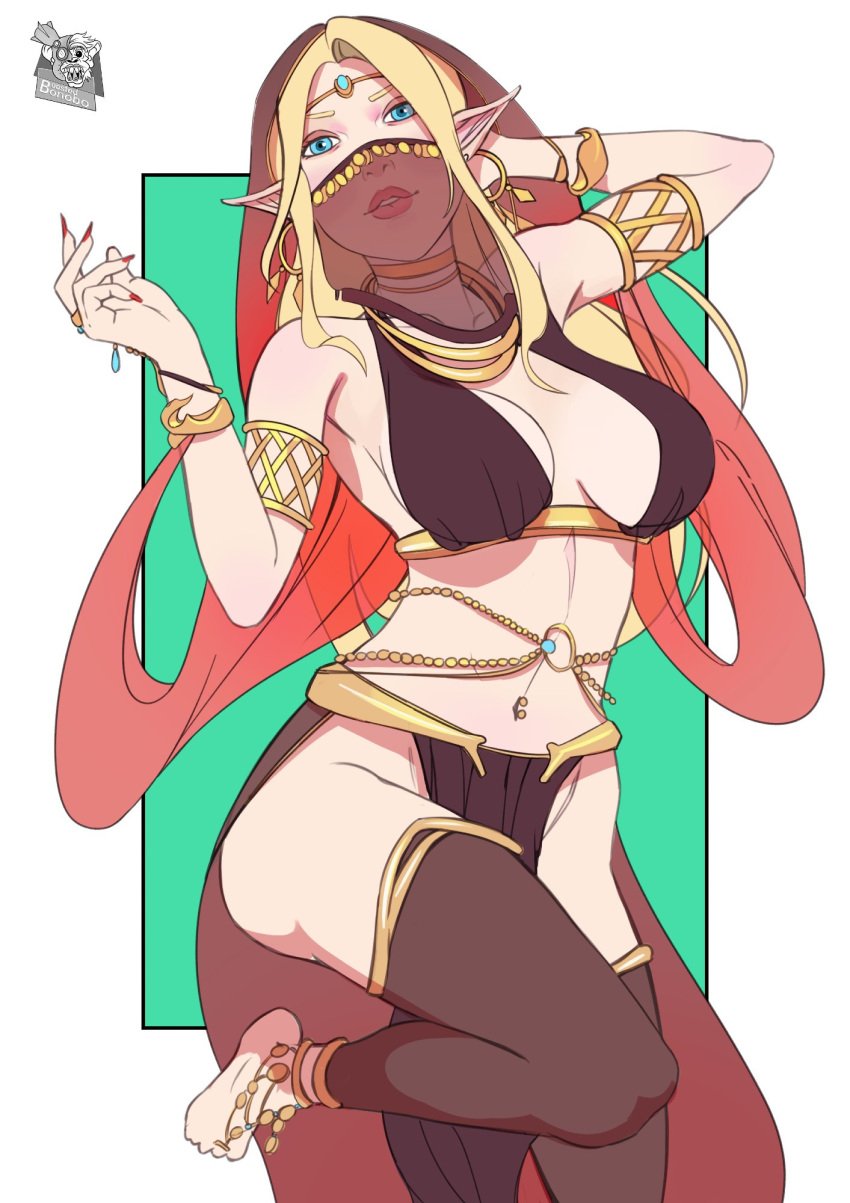 1girls adult adult_female armband armpits belly belly_button belly_dancer belly_dancer_outfit big_breasts blonde_eyebrows blonde_female blonde_hair blonde_hair blonde_hair_female blue_eyes blue_eyes_female boosted_bonobo breasts busty busty_female busty_girl character_request collarbone copyright_request dancer_outfit elbows female female_focus female_only fingernails fingers full_body hand_behind_head head_tilt high_resolution highres hourglass_figure knees large_breasts lean_figure leggings legs legwear lips long_hair looking_at_viewer mature mature_female midriff nail_polish nails narrow_waist navel over-kneehighs parted_bangs plump_breasts pointy_ears red_fingernails red_nail_polish red_nails shoulders simple_background slender_body slender_waist slim_waist solo standing stockings thick_thighs thigh_highs thighhighs thighs tilted_head white_background wide_hips