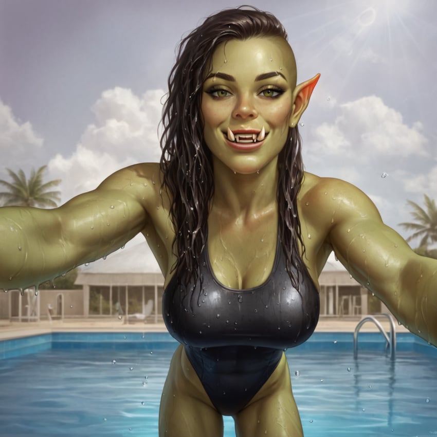 1girls adult_woman ai_generated big_breasts black_hair brown_eyes cleavage female_only grabbing_viewer green_skin green_skinned_female holding_camera holding_viewer leaned_forward muscular muscular_female nowrin orc orc_(warcraft) orc_female smile stable_diffusion summer swimming swimming_pool swimsuit swimwear warcraft wet_clothes wet_clothing wet_skin world_of_warcraft