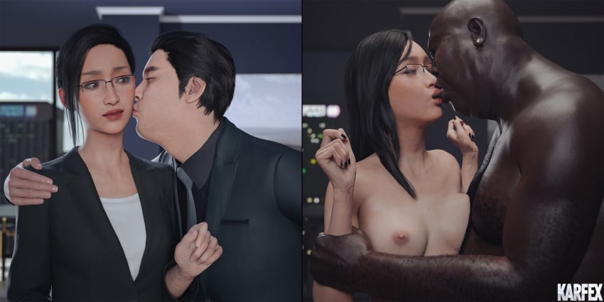 1girls 2boys 2koma 3d artist_name asian asian_female before_and_after black_hair breasts cheating cheating_wife chest_hair closed_eyes clothed clothed_female clothed_female_nude_male clothed_male completely_nude completely_nude_female completely_nude_male concerned dark-skinned_male dark_skin earrings eyes_closed female french_kiss french_kissing glasses grabbing grabbing_arm hairy hairy_chest hairy_male holding_arm interracial karfex kissing kissing_cheek light-skinned_female light_skin looking_at_partner male medium_breasts netorare nude nude_female nude_male original original_character painted_nails pale-skinned_female pale_skin saliva saliva_on_face sloppy_kiss tongue_kiss watermark