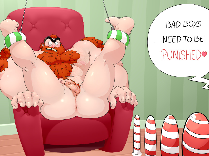 anus arm_hair balls bara beard bondage bound_legs chest_hair christmas dildo disney disney_channel erection exposed_anus facial_hair flaccid_penis gravity_falls human imminent_penetration legs_held_open legs_up male male_only manly_dan matainfancias muscles penis red_hair solo wide_eyed